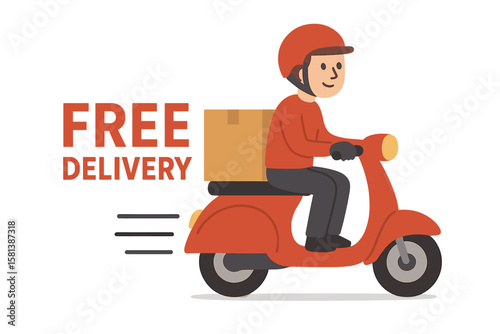 Free Delivery Service Banner with Courier Riding Scooter, Package Shipping, Express Fast Delivery, Online Order, Logistics, E-commerce, Contactless Transportation, Urban City, Advertisement Concept