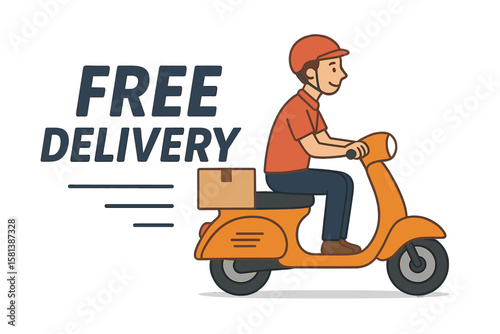 Fast free delivery banner with courier riding scooter delivering package, express shipping badge, online order shipment, quick postal service, urban courier transport illustration