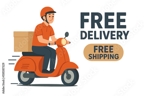 Fast Free Delivery Banner with Courier on Scooter Carrying Package, Express Shipping Badge, Quick Order Shipping, Fast Courier Service, Online Delivery Concept Vector