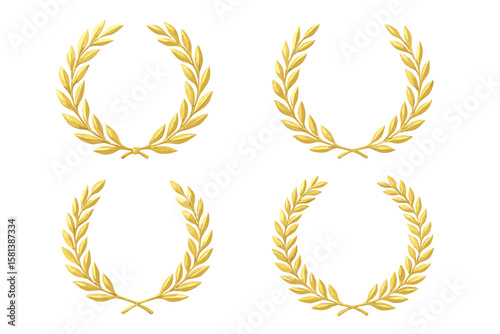Golden Laurel Wreath Set of 4 Vector Elements, Luxury Award Symbols, Classic Victory Emblem, Isolated on Transparent Background, Ancient Roman Greek Design