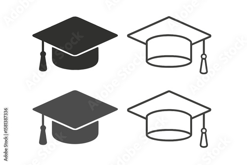 Graduation cap vector illustration, multiple styles, academic education symbol, isolated on white background, ideal for university, college, school degree ceremony, graduation achievement