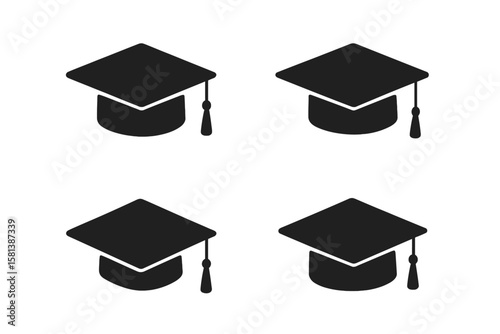 Graduation cap icons, academic achievement symbols, education milestone graphics, black silhouette graduation caps on white, ideal for school, university, diploma, success