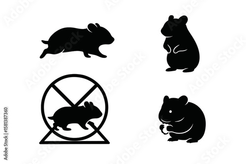 Hamster silhouette vector set of 4, black and white pet rodent illustrations, multiple poses including running, standing, playful hamster clipart for animal and pet lover designs