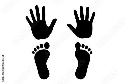 Handprint and Footprint Silhouette Set, Human Hand and Foot Vector Icons, Black Symbol Collection for Communication, Gestures, Sign Language, Body Parts, Isolated Clipart