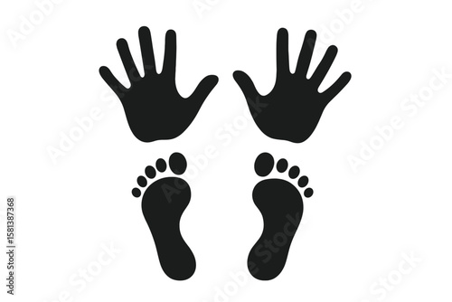 Hand and Foot Print Silhouettes Vector Set, Handprint and Footprint Icons for Sign Language, Communication, Gesture, Symbol Concepts, Digital Illustration, 4 Designs