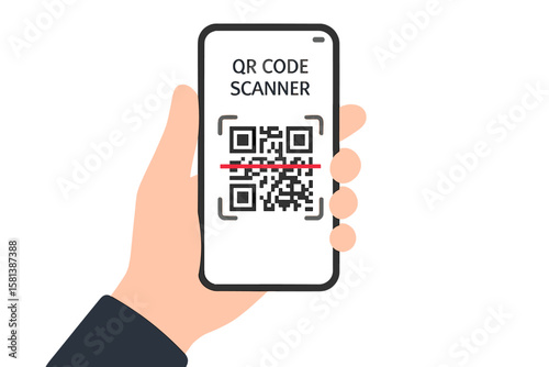 Hand Holding Smartphone with QR Code Scanner App, Scanning QR Code and Barcode for Contactless Payment, Mobile Banking, Online Shopping, Cashless Transaction, Digital Wallet Concept
