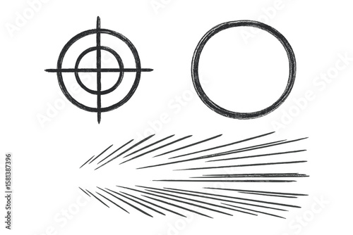Hand-drawn sketch elements with target icon, highlight circle, dynamic comic motion lines, infographic design accents, user interface symbols, comic art visuals, and emphasis graphics