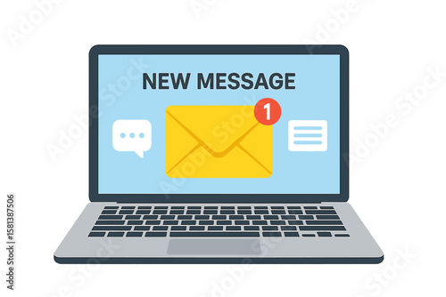 New email message notification on laptop screen. Unread inbox alert. Envelope icon. Online chat, instant messaging, e-mail marketing, internet communication, digital correspondence