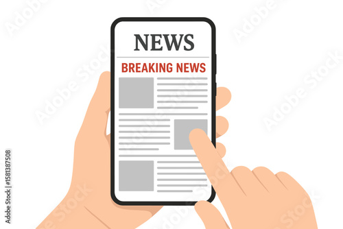 Hand Holding Smartphone with Digital Newspaper and Scrolling News Feed, Daily Breaking News Updates, News Webpage Display, Information on Events and Activities, Mobile News Reading Concept