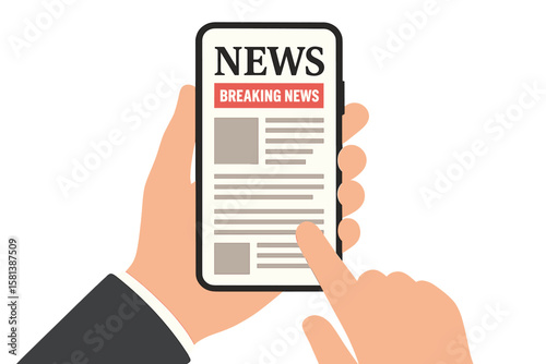 Breaking news smartphone concept. Hand holding mobile device scrolling news feed. Online newspaper, digital news webpage, real-time updates, information, events, activities