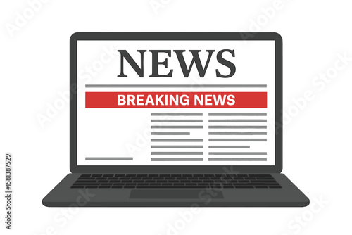 Breaking News Banner on Laptop Screen. Online Newspaper Website. Digital News Platform. Reading Latest Headlines and Information About Current Events. Internet Journalism Concept.