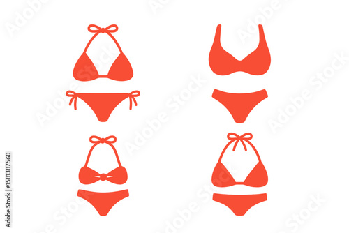 Set of 4 Red Bikini Vector Icons Featuring Diverse Swimwear Top and Bottom Styles, Isolated on Transparent Background, Perfect for Fashion, Retail, Summer, Beachwear, and Swimwear Design Projects
