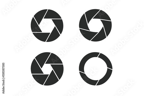 Set of 4 Camera Shutter Icons Vector Illustration, Photography Aperture Symbols, Lens Diaphragm Design, Transparent Background, Digital Camera Elements, Photo Shutter Blades