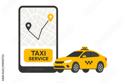 Taxi service app on smartphone screen with city map, route, location points, and online taxi ordering concept with yellow car illustration for urban transportation