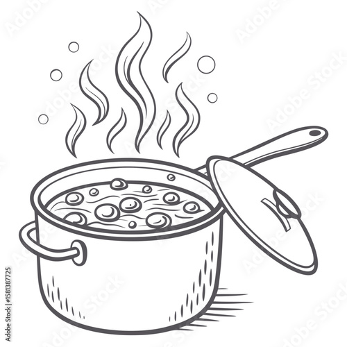 A cooking pot with boiling contents and steam vector
