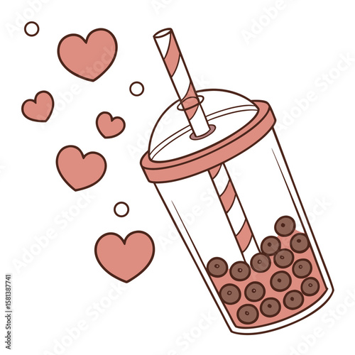 Bubble tea cup with tapioca pearls and floating hearts vector