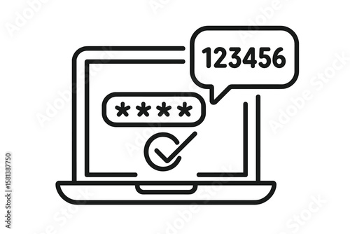 Two factor authentication icon. Secure login verification. SMS code message confirmation. Multi-factor authentication. Password protection. Laptop security. Cybersecurity concept vector