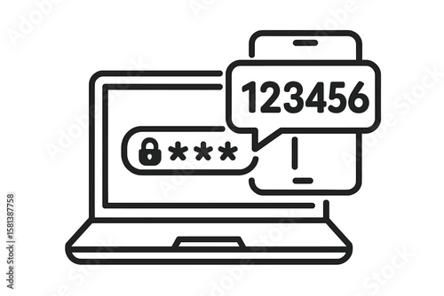 Two-step authentication icon with SMS code verification, multi-factor authentication concept, account login security, password confirmation on laptop, secure access symbol