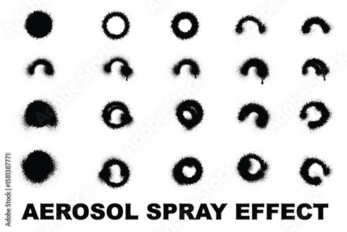 Collection of black spray paint circles and half-circles in graffiti style. Realistic aerosol can spray effect with dripping ink, splatter texture, and urban grunge look.