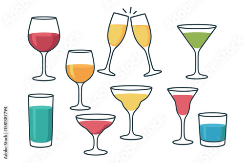 Hand Drawn Vector Set of Wine Glasses, Champagne Flutes, Cocktail Glasses, Colorful Mixed Drinks, Barware Collection, Party Toasting, Alcoholic Beverage Variety, Modern Drinkware Illustration