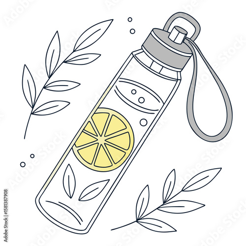 Glass bottle with lemon slices and leaves, infused water vector