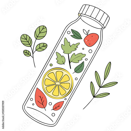 Glass bottle with lemon slices and leaves, infused water vector