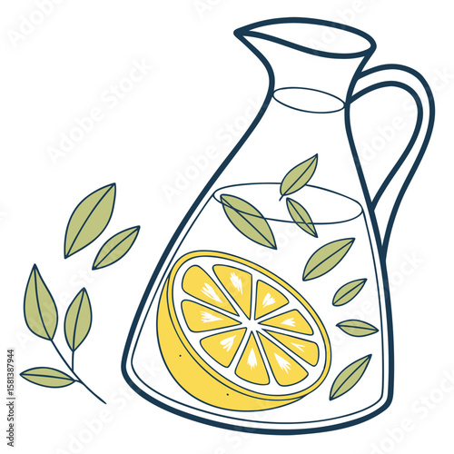 A pitcher of refreshing lemonade with lemon and leaves vector
