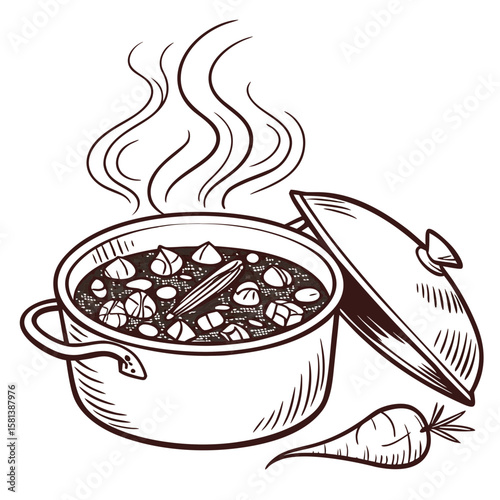 A steaming pot of hearty stew with a carrot vector