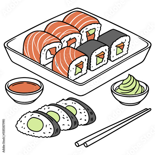 A plate of assorted sushi rolls with dipping sauces vector
