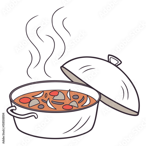 A steaming pot of stew with the lid ajar vector