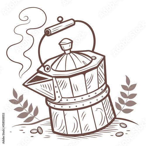 A vintage moka pot brewing hot coffee with steam vector
