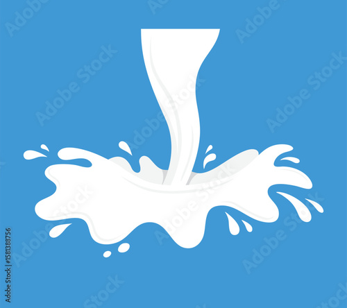 Milk splash and pouring, white splatter on blue background, Realistic healthy drink yogurt or cream motion. Simple vector illustration.