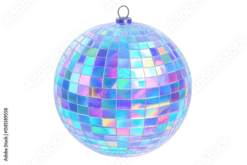 Vibrant disco ball spinning, casting kaleidoscopic light reflections against transparent backdrop, generating dynamic party atmosphere