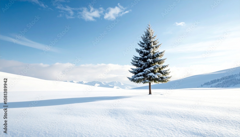 Obraz premium Solitary Pine Tree Standing Tall Amidst a Vast, Pristine Snowy Landscape, Framed by Frosty Silence, Crisp Blue Skies, and Undisturbed White Snow in a Peaceful Winter Wilderness Scene
