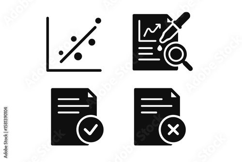 Scientific research icon set. Data analysis, statistics graph, and lab experiment pictogram. Report document with approval checkmark and rejection cross for peer review.
