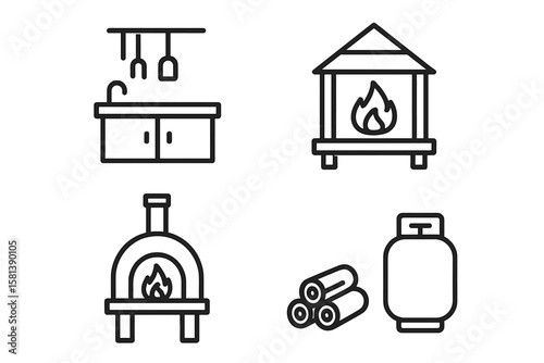 Backyard fire pit and outdoor kitchen features line icon set. Vector pictograms of patio fireplace, chiminea, pizza oven, firewood, and propane tank. Thin linear symbols.