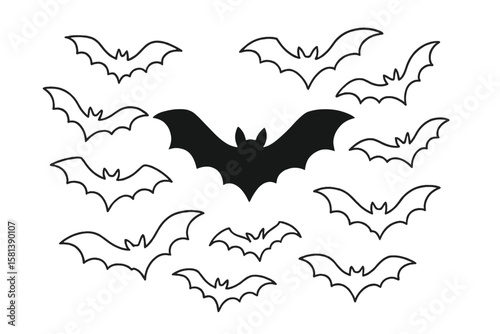 Bat silhouette and bats line art vector for Halloween decor. Black bat outline illustration. Spooky bats swarm design. Flying vampire creature for gothic party invitation.