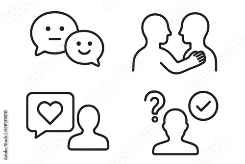Emotional intelligence icon set. Empathy, support, and therapy concepts. Mental health and communication vector pictograms. Line art of conversation, feedback, and understanding.