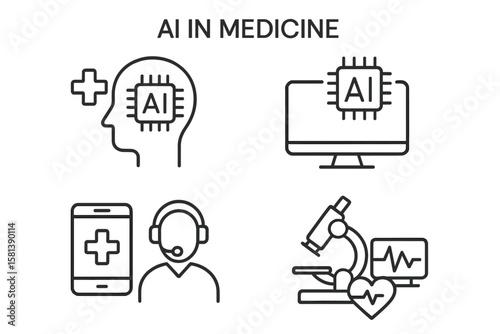 AI in medicine line icon set. Artificial intelligence for health diagnostics, clinical research, telemedicine support and online consultation. Vector pictogram collection.