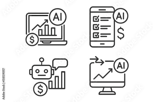 AI in finance line icon set. Financial technology concept. Vector pictograms of analytics, prediction, checklist, transaction monitor, mobile app, chatbot, chart, fintech.
