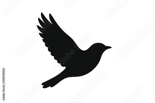 Flying bird silhouette vector icon. Black dove or pigeon shape in flight. Symbol of peace, freedom, and nature. Minimalist avian animal wildlife graphic illustration art.