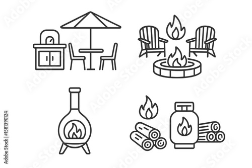 Backyard fire pit & outdoor living thin line icon set. Vector pictograms of patio kitchen, fireplace, chiminea, pizza oven, firewood, propane tank. Home garden elements.