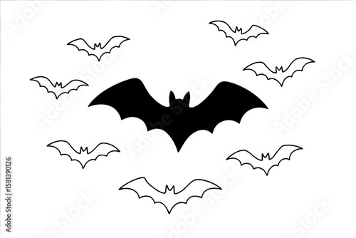 Halloween bats vector set with silhouette and line art. Spooky flying bat swarm for horror decor. Gothic vampire animal illustration. Black night creature outline icons.