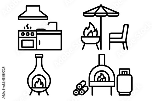 Outdoor kitchen & backyard patio features line icon set. Pictograms of summer cooking, fire pit, chiminea, pizza oven, firewood, propane tank & furniture. Vector thin line icons.