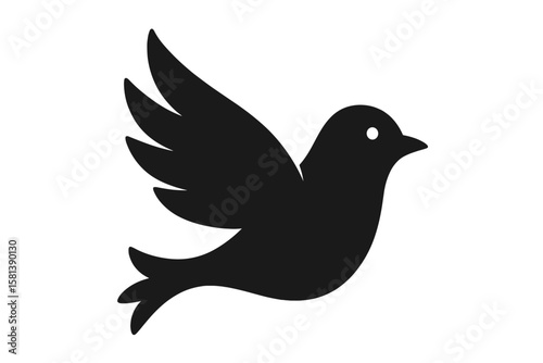 Bird silhouette, black bird shape flying. Peace dove icon vector. Avian design for nature logo. Wildlife animal graphic illustration. Freedom, hope, spiritual flight symbol.