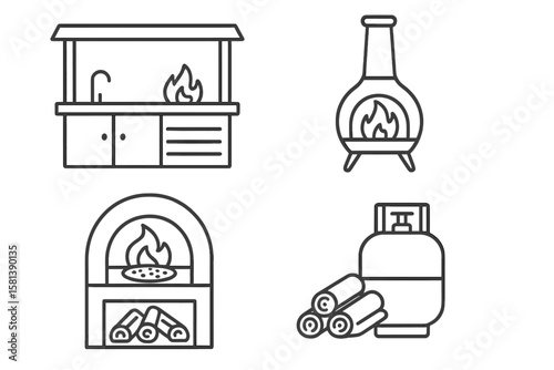 Backyard firepit and outdoor features line icon set of 4, vector icons of kitchen patio, fireplace, chiminea, pizza oven, firewood, propane tank, thin linear style