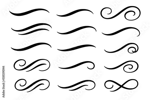 Vector swoosh, swirl, and swash set. Typographic elements for text and lettering. Decorative underline flourishes, calligraphic ornamental tails, and vintage divider lines.