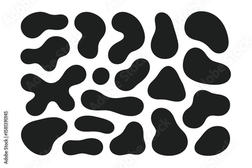 Set of abstract organic blob shapes. Modern minimal vector design elements. Irregular random amorphous liquid spots and fluid forms. Black graphic pattern on white background.