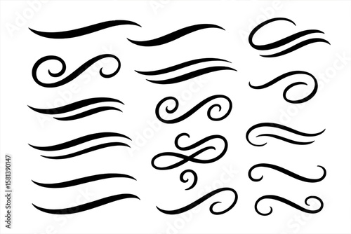 Elegant calligraphic swooshes, swirls, and swashes. Vector set of decorative text underlines, typographic flourishes, hand-drawn tails and line dividers for lettering.