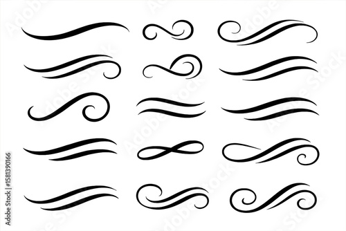 Black swooshes, swirls, text swashes. Vector typography elements on a white background. Text underline design set, decorative flourishes, artistic calligraphy ornaments collection.